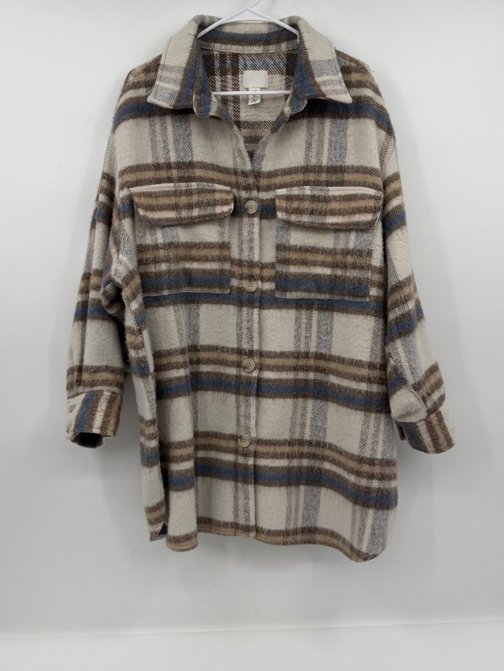 H M Oversized Shaket Women XL Ivory Brown Plaid Button Up Long Sleeve Shirt